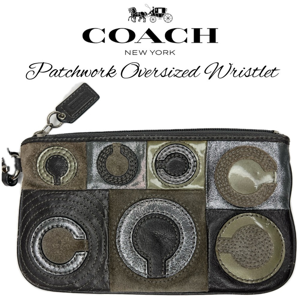 Coach Suede and Leather Pathwork Oversized Wristlet Bag - Picture 2 of 10